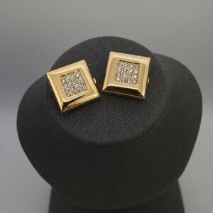 Vintage 80s 90s Square Clip-On Earrings Goldtone Rhinestone Crystal Glam 1" Clip